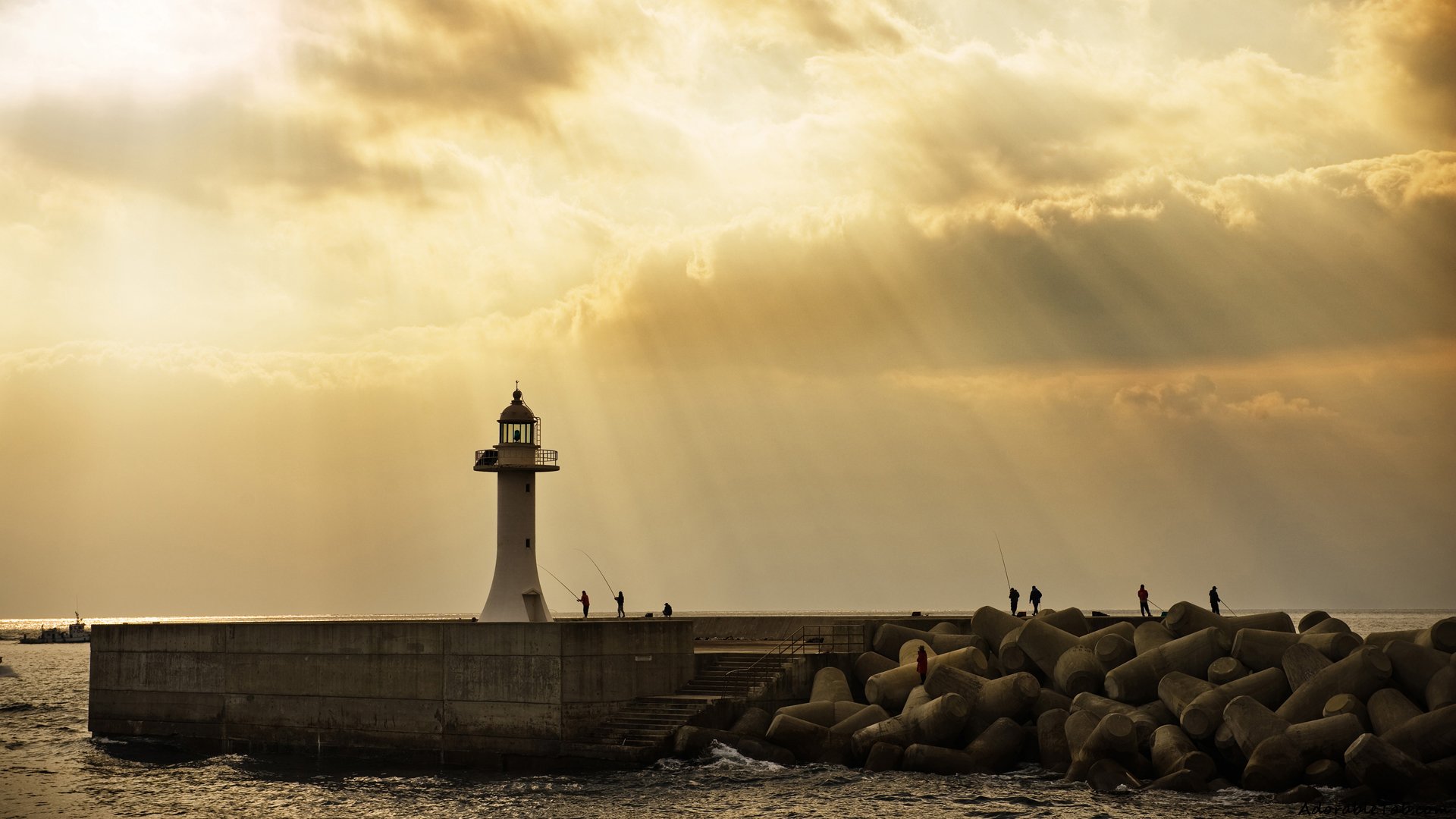 fishers, sunlight, building, sea